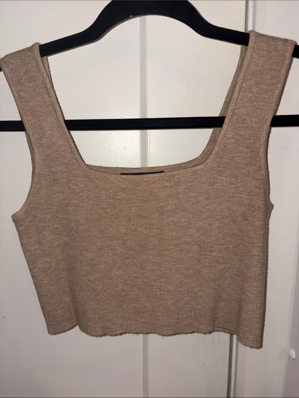Square-Neck Beige Knit Crop Tank Top